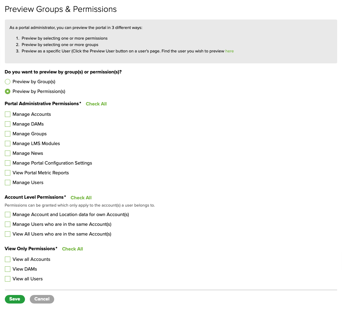 Figure 5. The expanded Preview Groups & Permissions screen with Preview by Permissions(s) selected