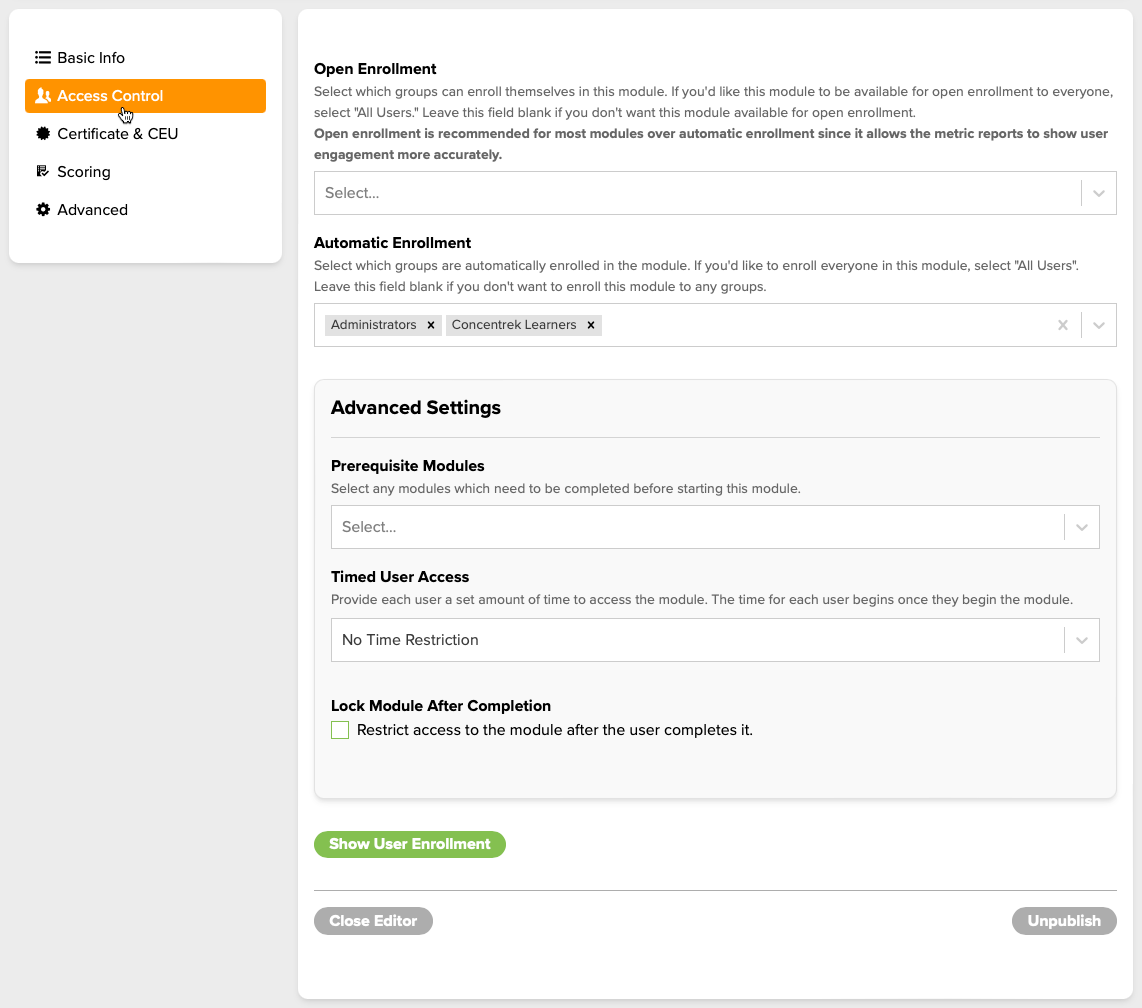 Figure 5. The Access Control tab and all of its options