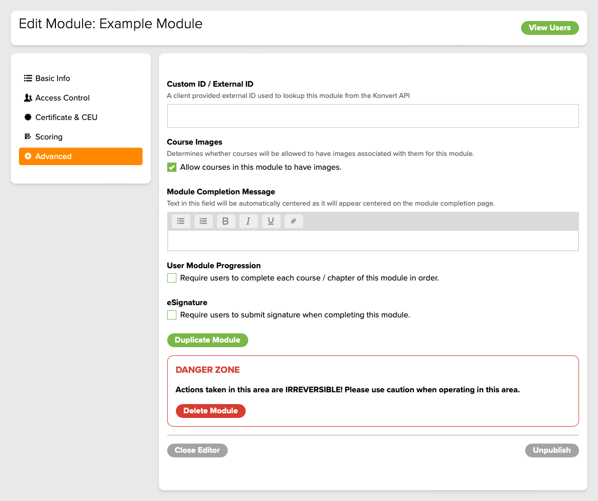 Figure 7. The Edit Module Advanced screen