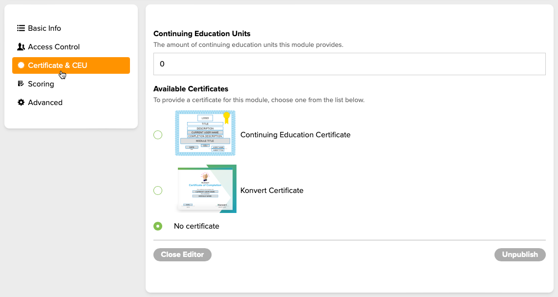 Figure 6. The Certificate & CEU tab and its options