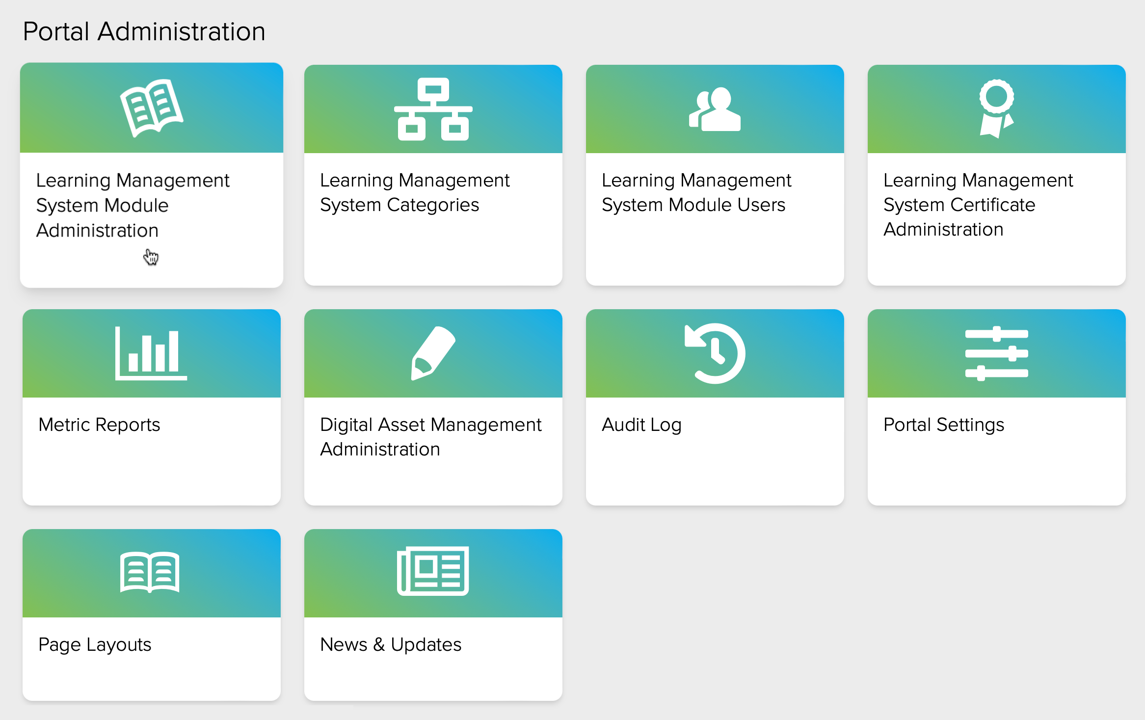 Figure 2. The Portal Administration screen and Learning Management System Module Administration card